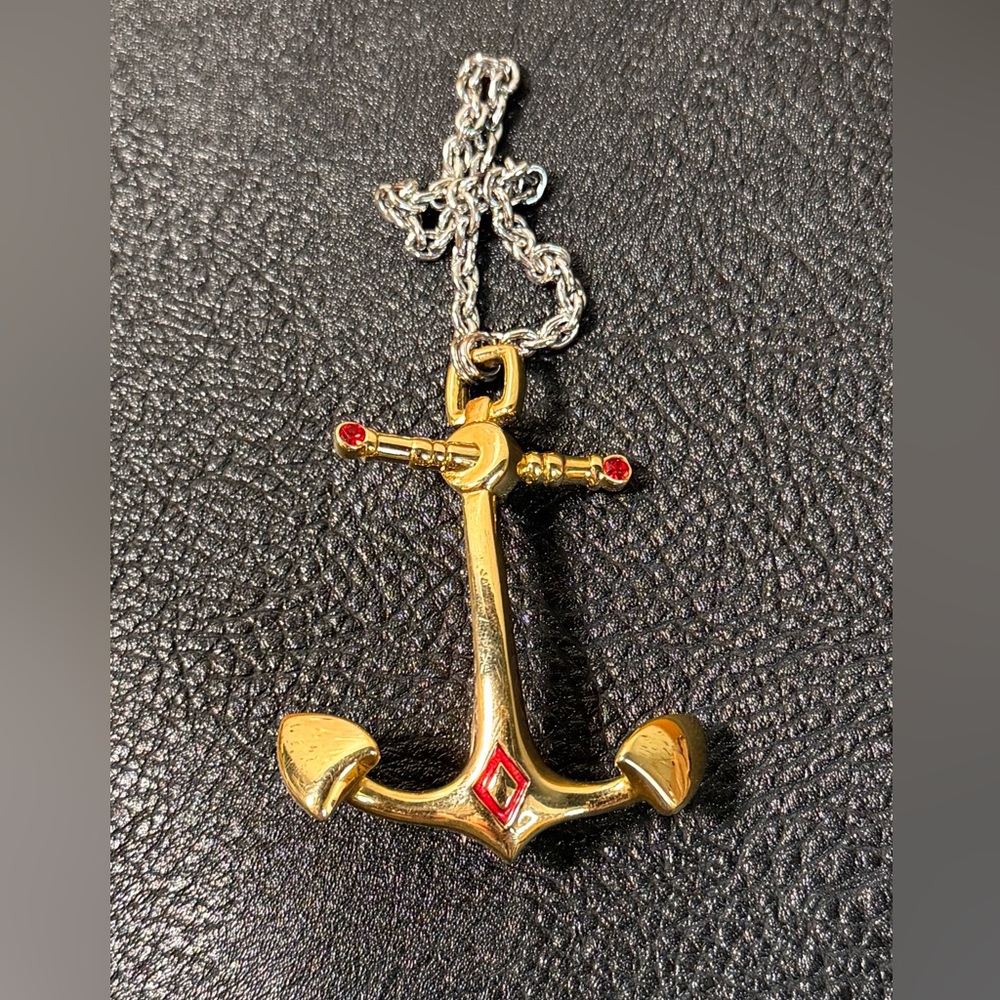 Bob Mackie Gold Anchor Brooch Necklace with Red Accents